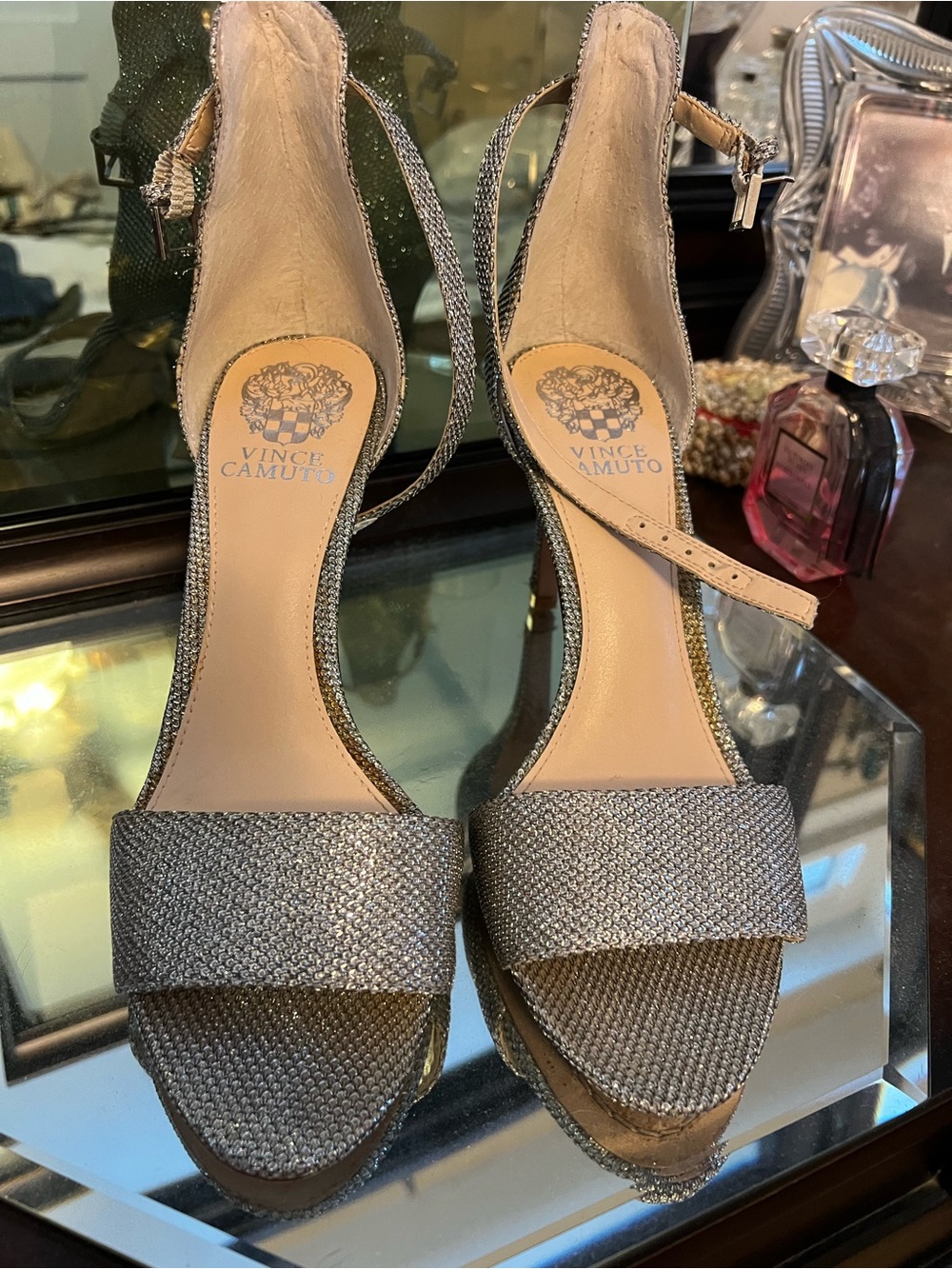 Vince Camuto Silver Glitter Open-Toe Ankle-Strap Heels